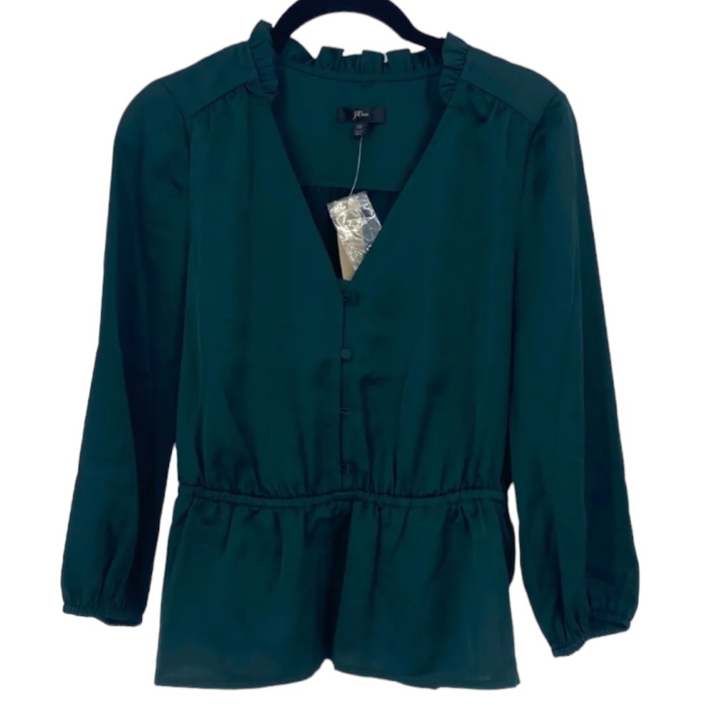 J. Crew Top Womens 00 Green Satin V-Neck Button Detail Peplum Elastic Waist